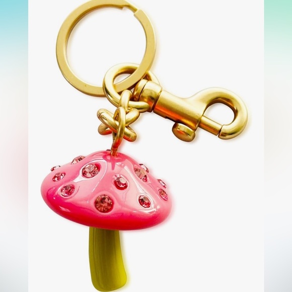 Pink Mushroom rhinestone bag clip Keychain with Gold Accents - Picture 1 of 3